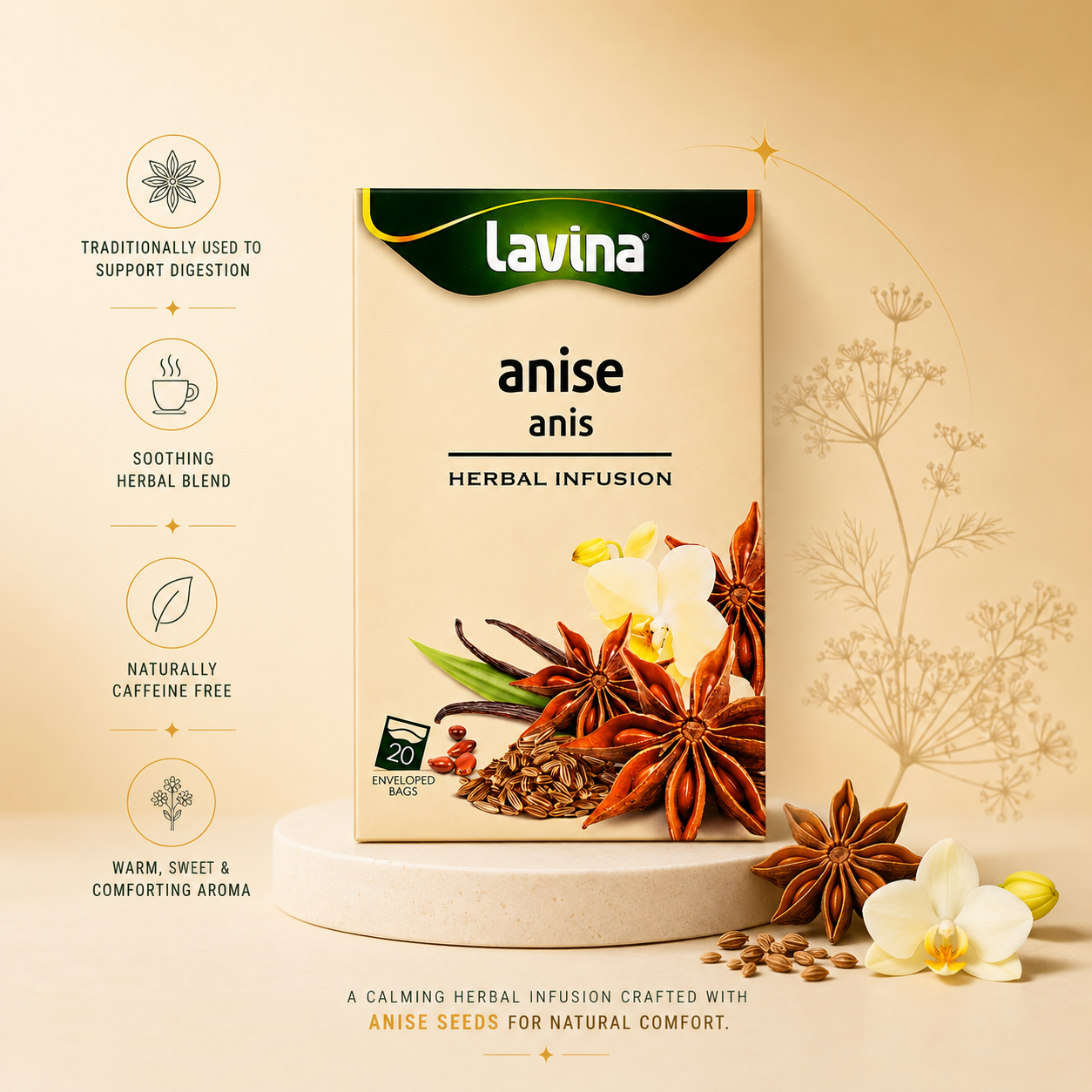 Lavina Anise Herbal Infusion tea box displayed on a pedestal with anise seeds, white orchids, and botanical illustrations on a warm beige background.