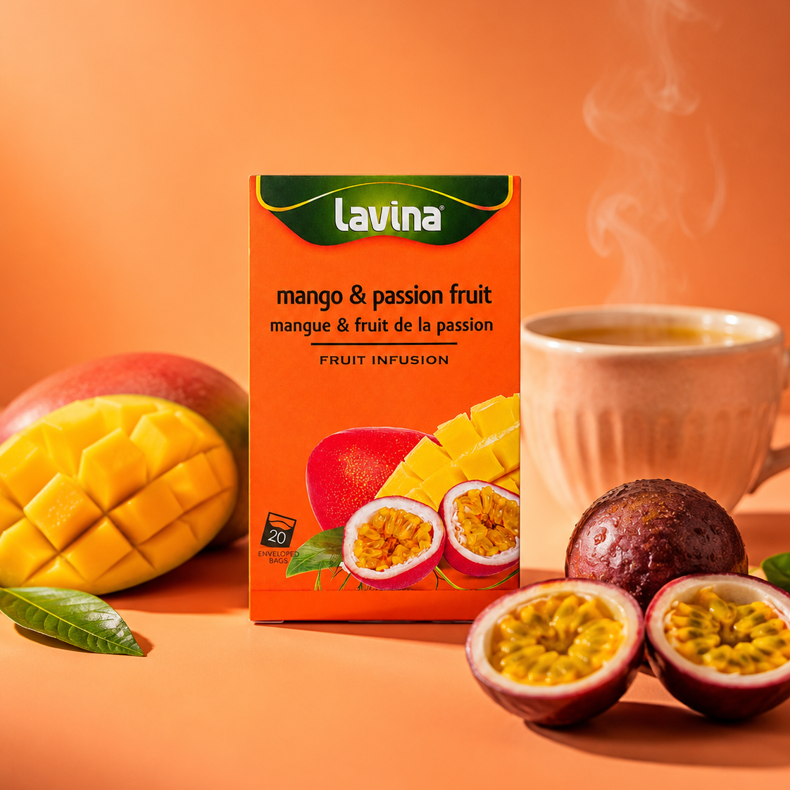 A box of Lavina Mango & Passion Fruit fruit infusion tea stands on a warm orange surface, styled with a cup of steaming tea, whole and halved passion fruits, and a sliced mango.