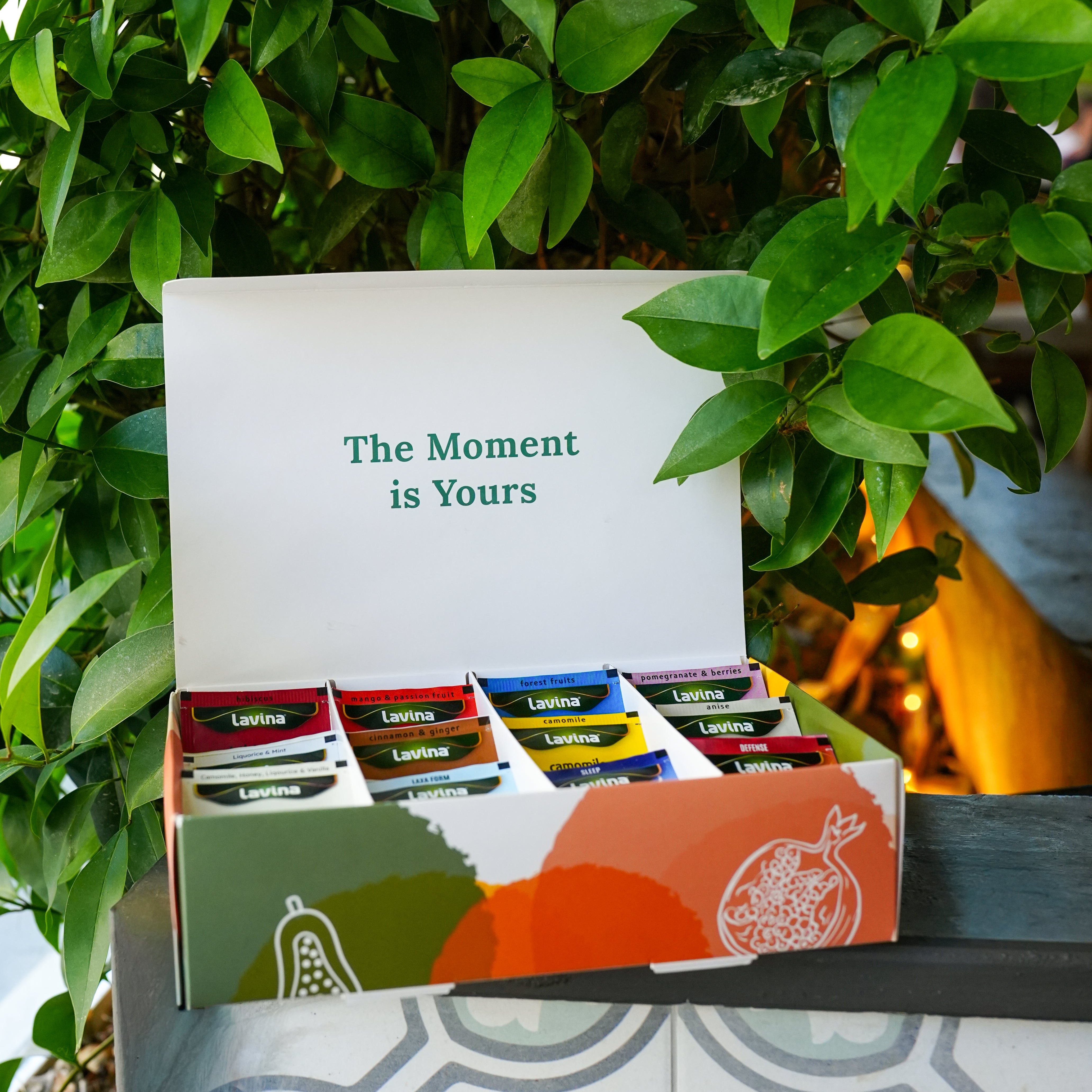 An open gift box of Lavina tea bags sits outdoors on a patterned surface, surrounded by lush green leaves. The white inner box displays the text 'The Moment is Yours' and shows multiple tea bag packs in different colors.