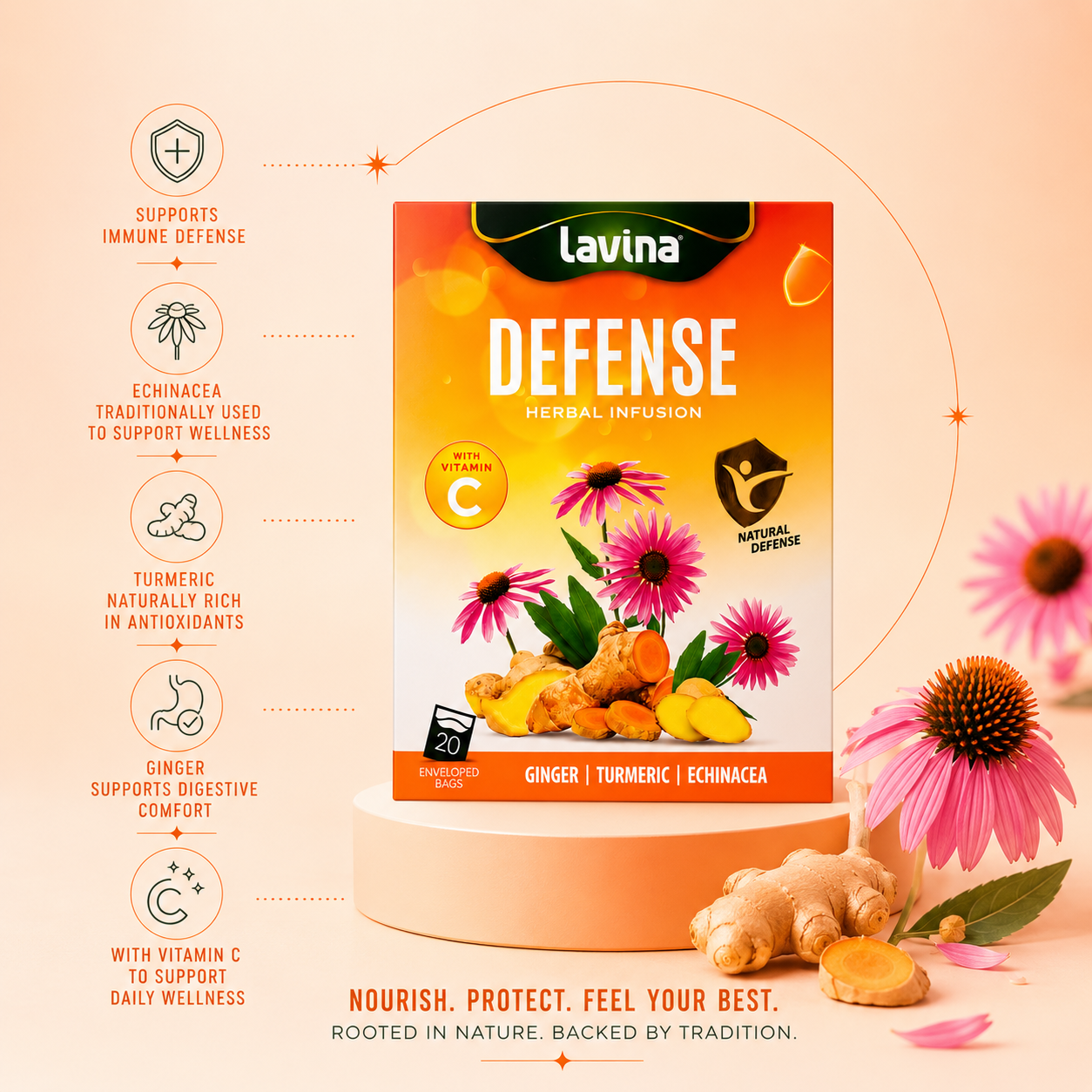 Lavina Defense herbal tea box with product highlights and ingredient illustrations
