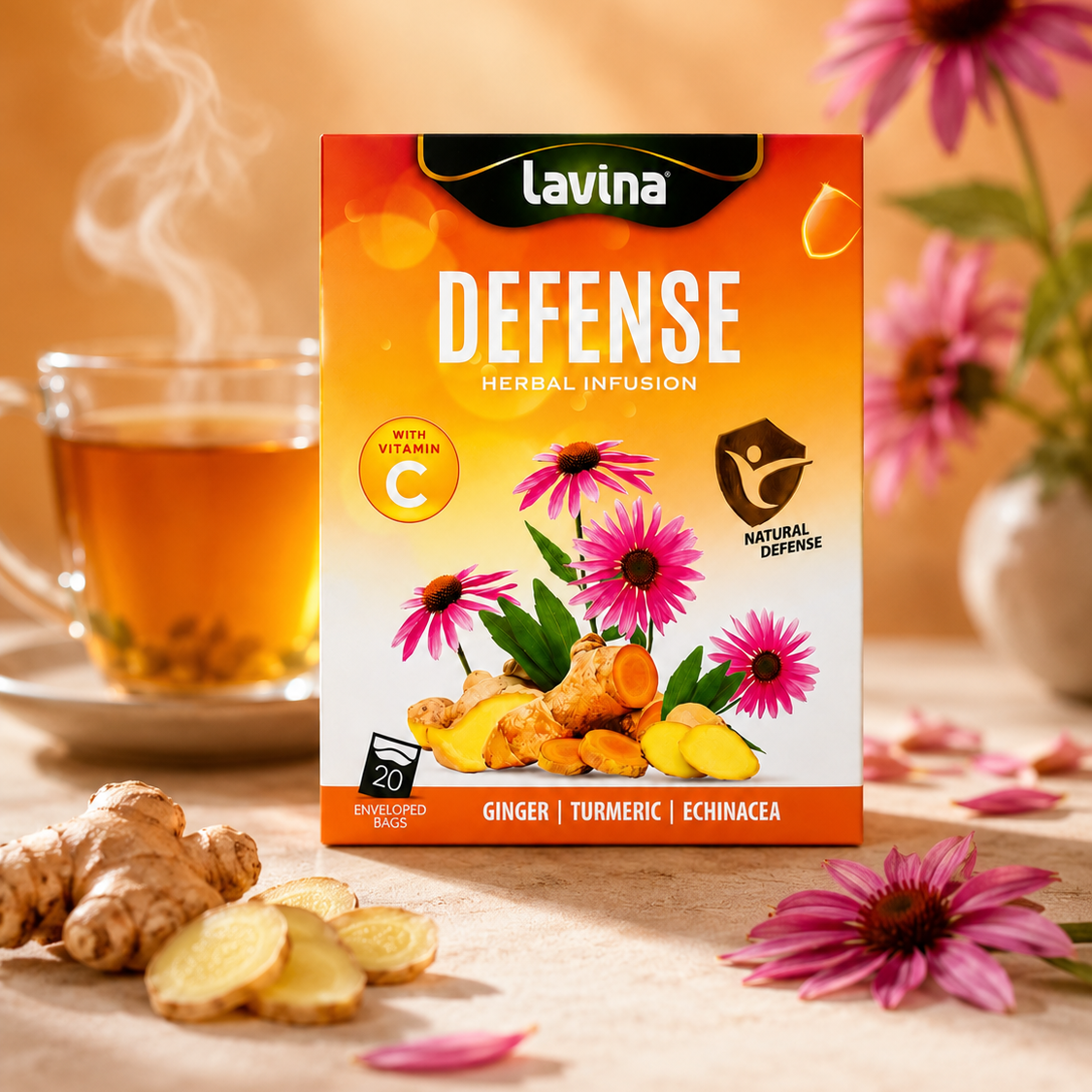 Lavina Defense herbal tea box styled with a cup of tea and its ingredients