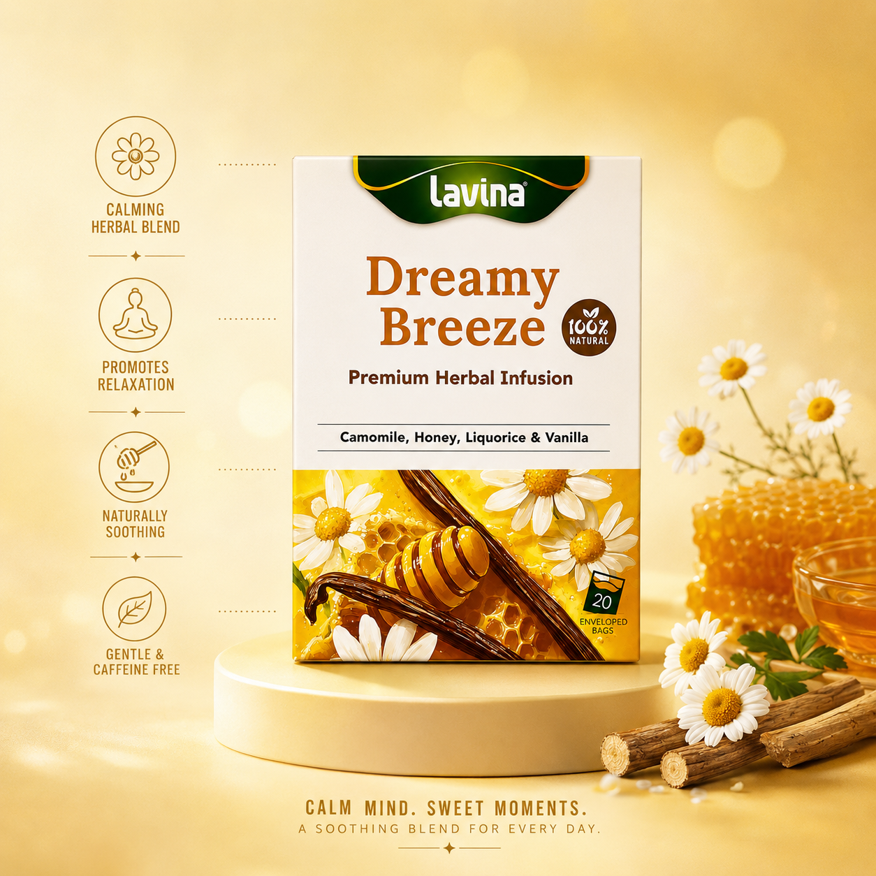 Lavina Dreamy Breeze herbal infusion box with product highlights and ingredient illustrations