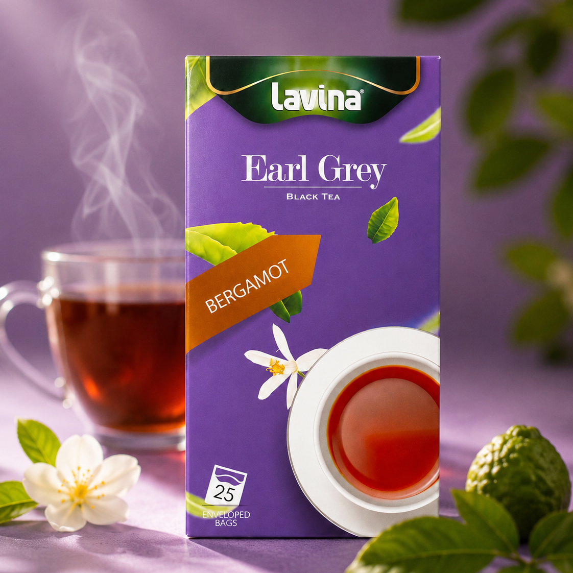 Lavina Earl Grey Bergamot black tea box in purple packaging, styled with a steaming glass cup of tea, white flowers, and green leaves on a purple background.