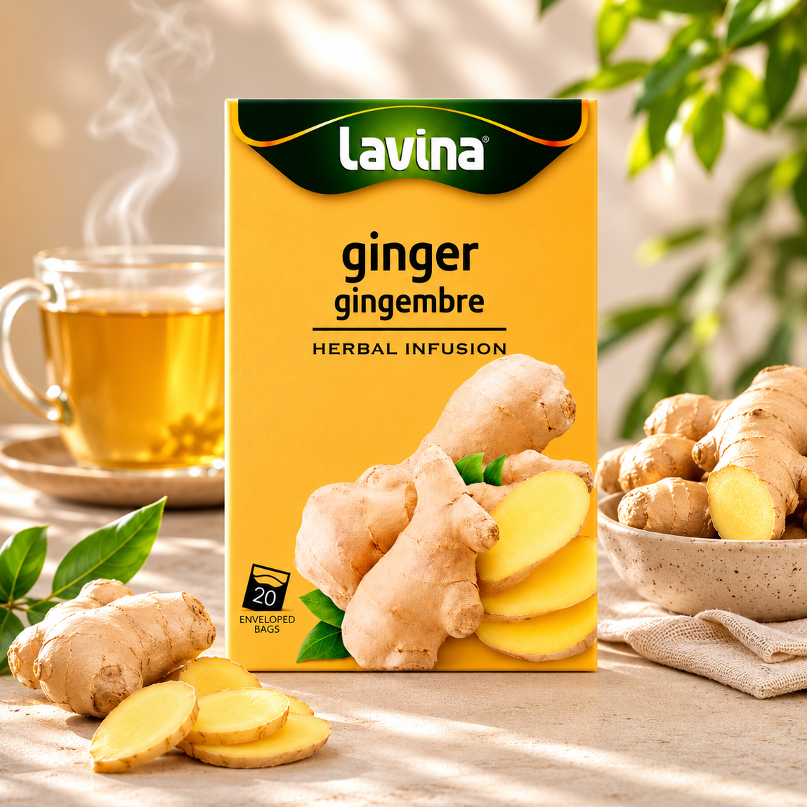 Lavina Ginger herbal tea box styled with a cup of tea and its ingredients