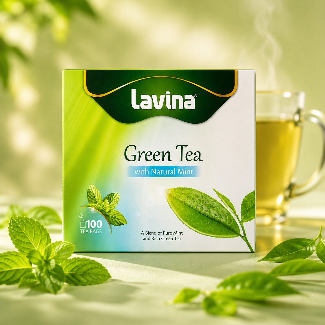 Lavina Green Tea with Natural Mint box styled with a cup of tea and its ingredients