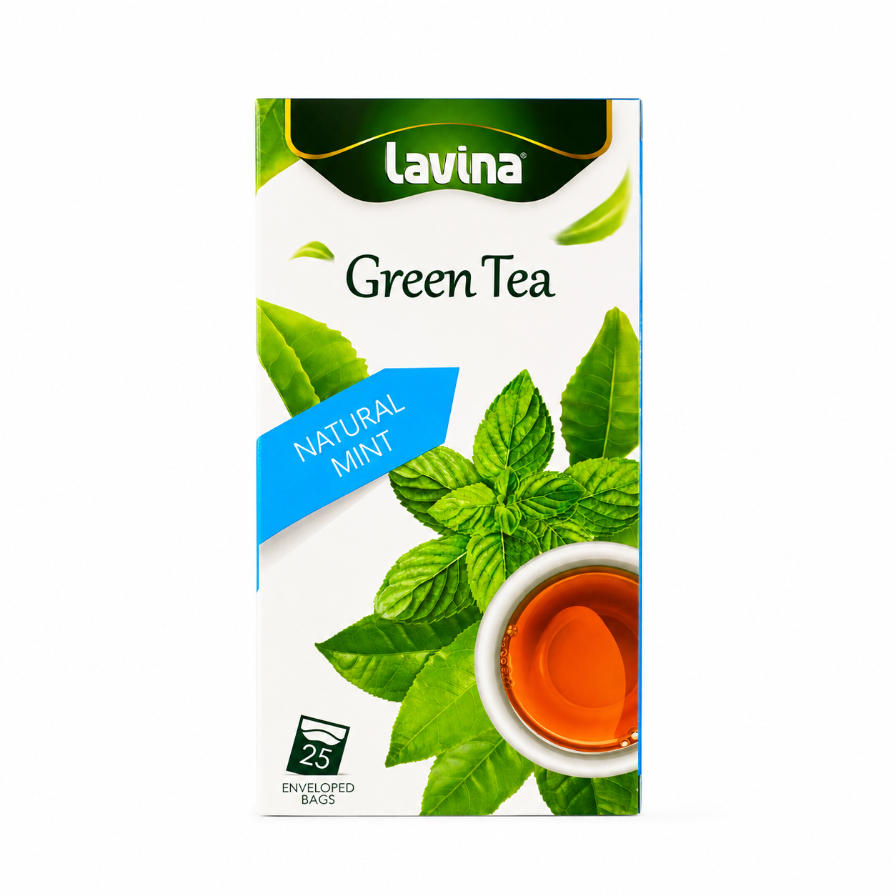A box of Lavina Green Tea, Natural Mint flavor, featuring green tea leaves, a cup of tea, and a blue 'Natural Mint' banner on a white background.