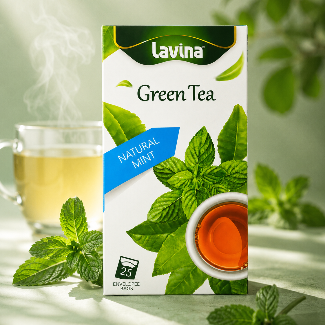 A box of Lavina Green Tea, Natural Mint flavor, displayed on a light green surface with a glass mug of tea and fresh mint leaves in a bright, sunlit setting.