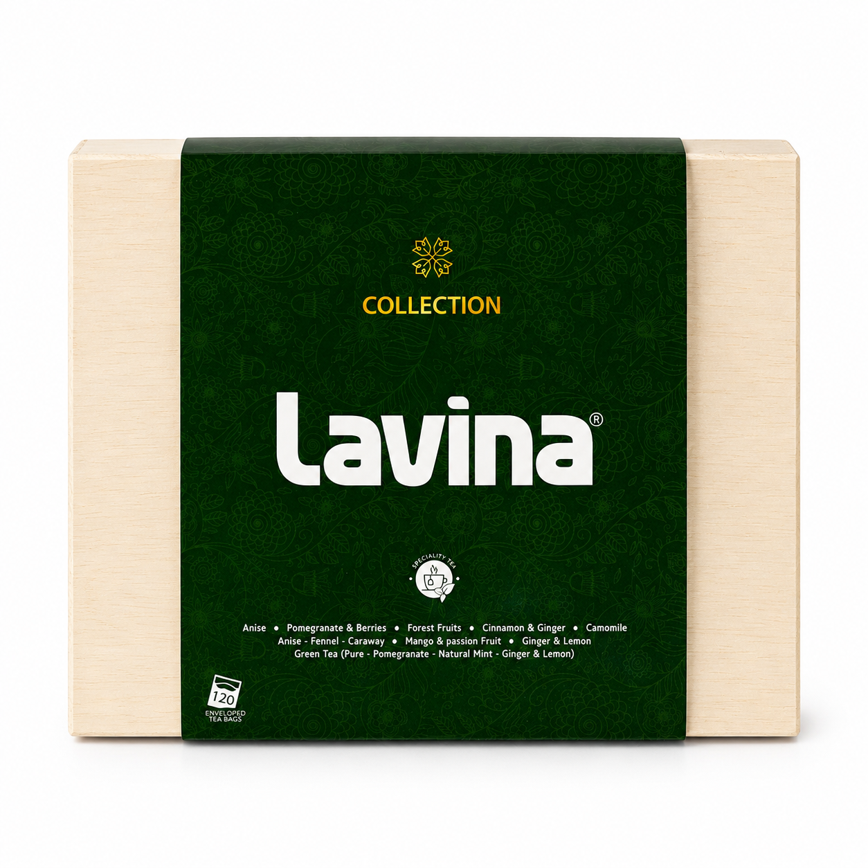 Lavina Collection tea gift box featuring a dark green central label with white and gold branding, flanked by light beige wooden sides, on a white background.