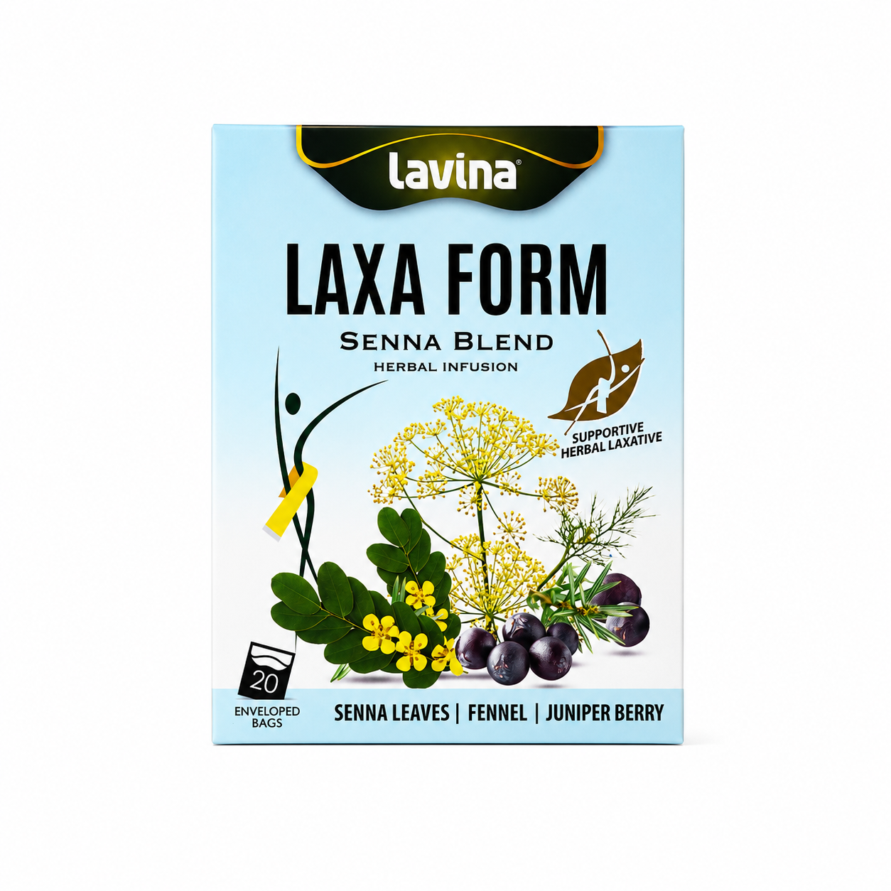 Box of Lavina Laxa Form herbal tea — senna, fennel and juniper berry blend, in a green pack
