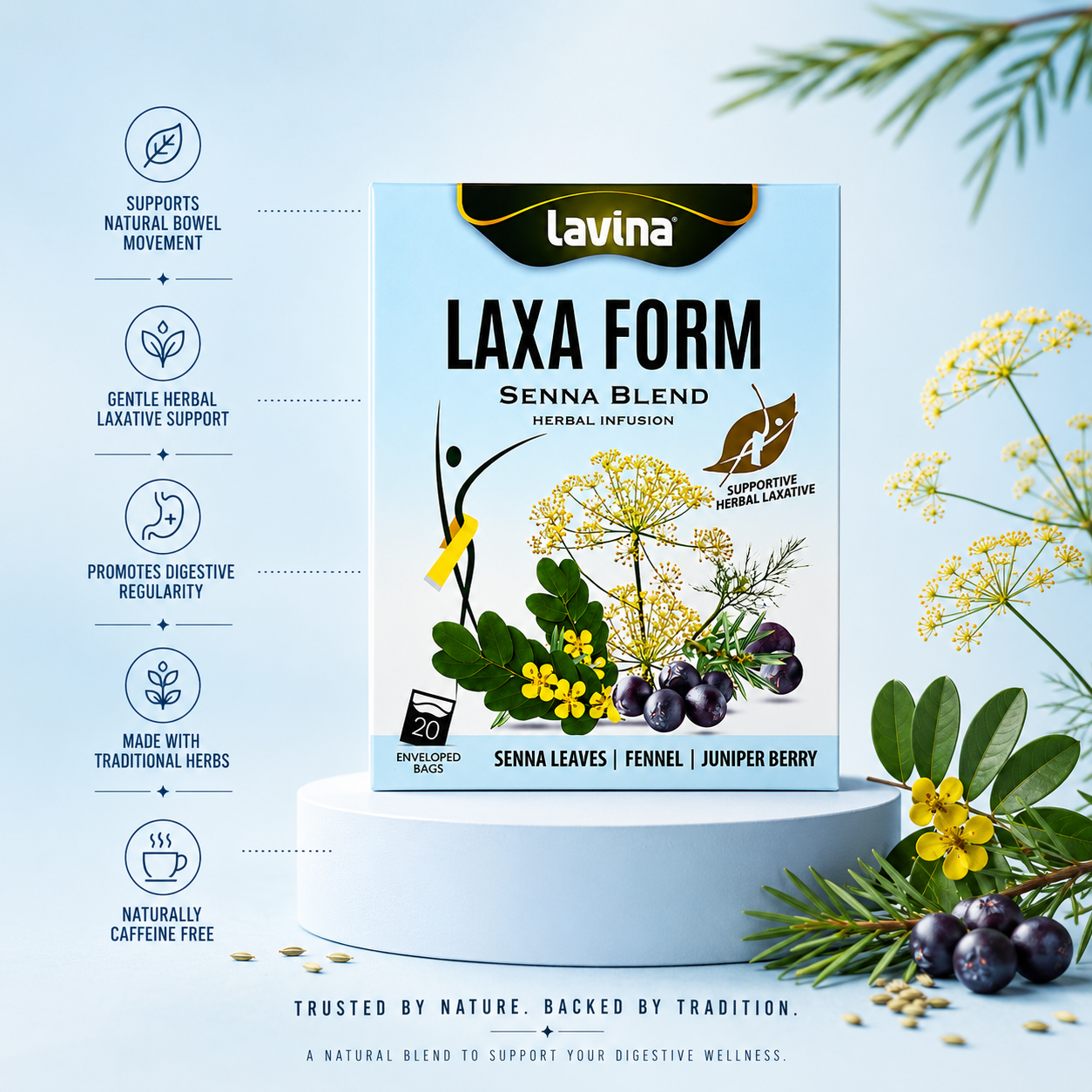 Lavina Laxa Form herbal tea box with product highlights and ingredient illustrations