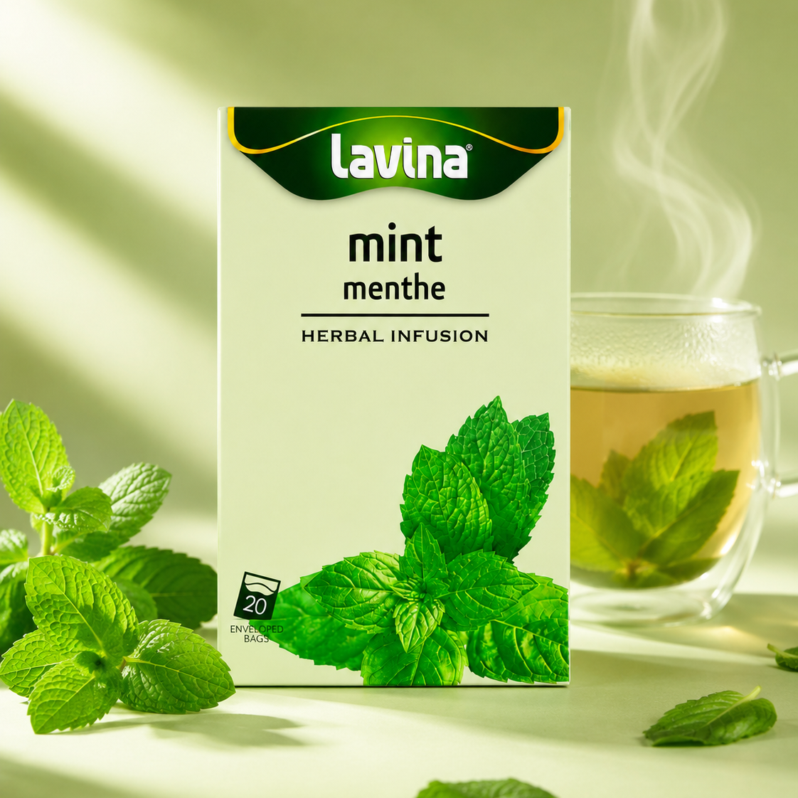 Lavina Mint herbal tea box styled with a cup of tea and its ingredients