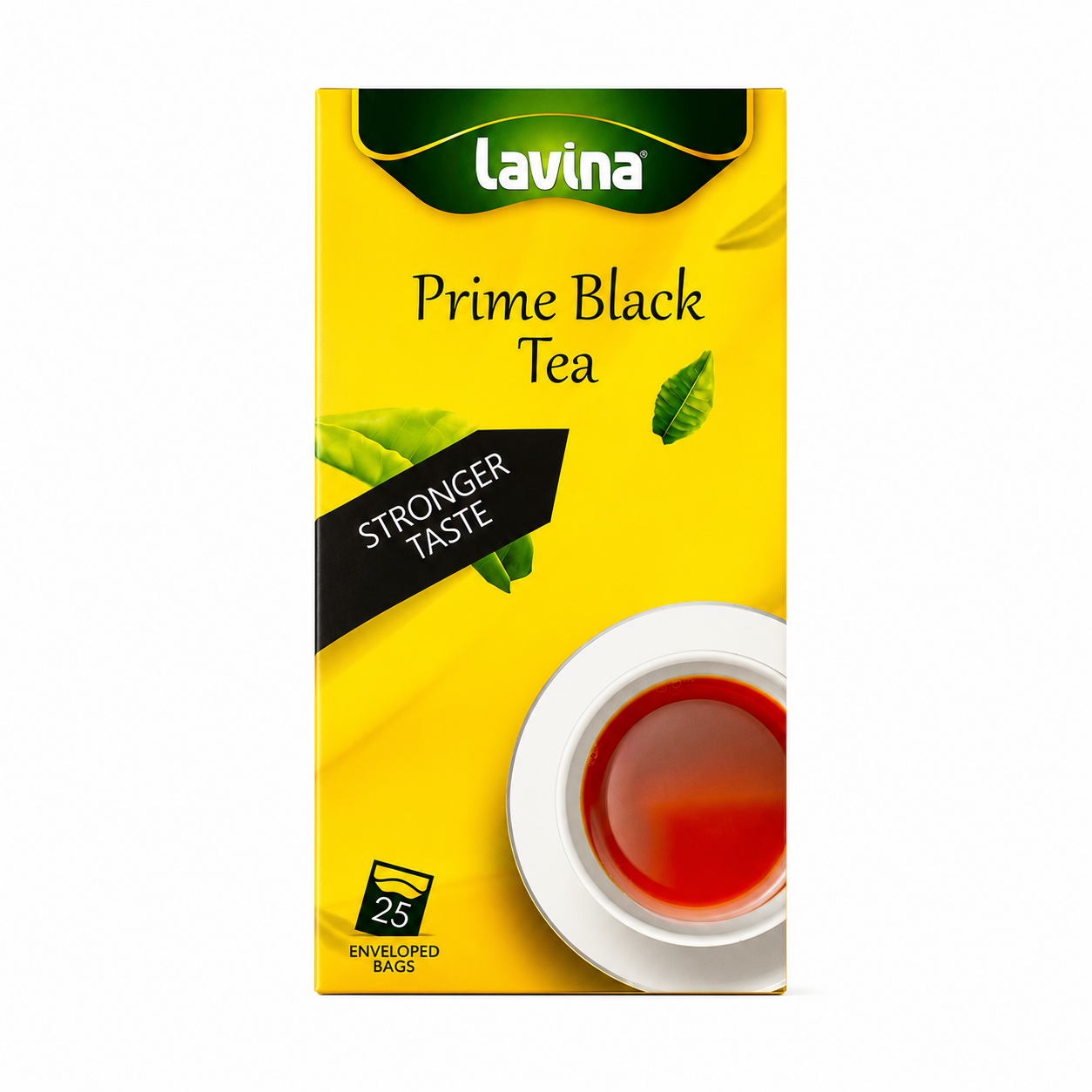 A box of Lavina Prime Black Tea, featuring a bright yellow background with a dark green brand banner, a black diagonal banner reading 'STRONGER TASTE', and an illustration of a white cup filled with dark red tea.
