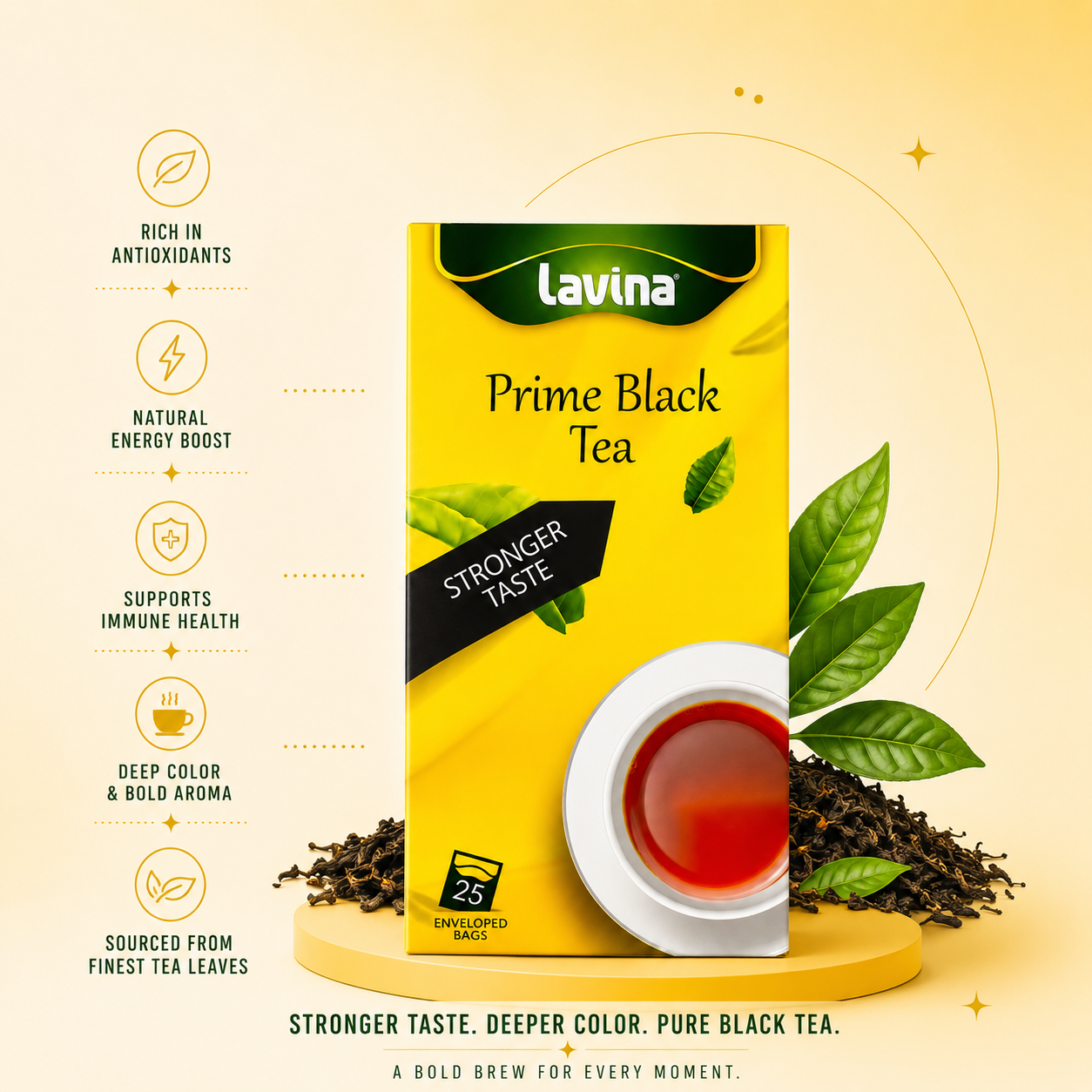 A box of Lavina Prime Black Tea centered on a warm beige background with decorative tea leaves, loose tea leaves, and a cup of tea. Text on the left lists product benefits, and text at the bottom reads 'STRONGER TASTE.