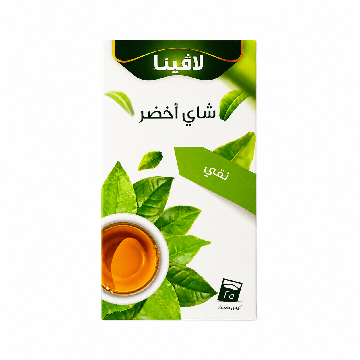 A box of Arabic tea bags, featuring green tea leaves, a cup of amber tea, and a green label on a white background.