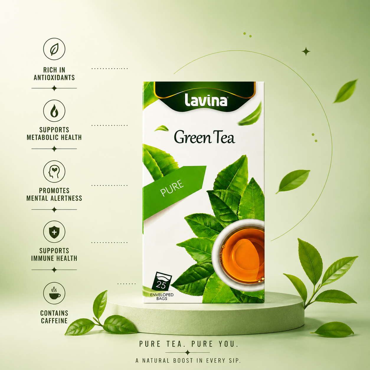 A box of Lavina Green Tea Pure stands on a round pedestal against a light green background, surrounded by floating tea leaves and text highlighting health benefits such as antioxidants, metabolic health, mental alertness, and immune support.