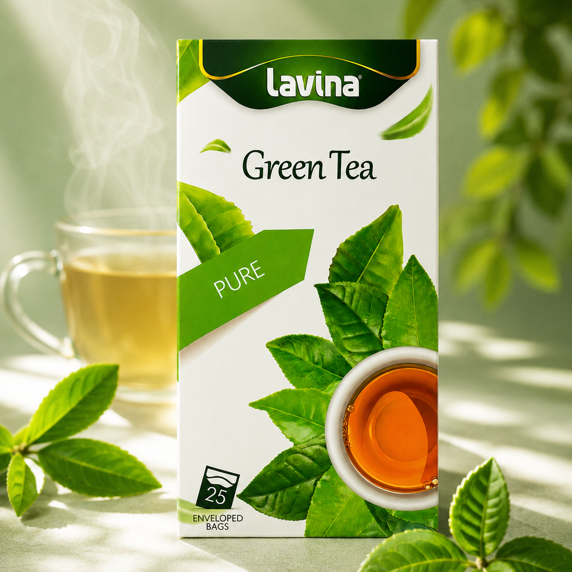 A box of Lavina Green Tea Pure stands on a light surface with a glass cup of tea and fresh green leaves around it. The packaging is white with green leaf graphics and a green brand banner at the top.