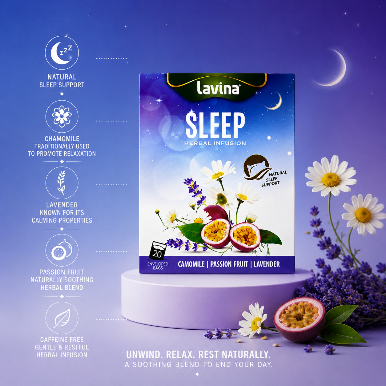 Lavina Sleep herbal infusion tea box with product highlights and ingredient illustrations