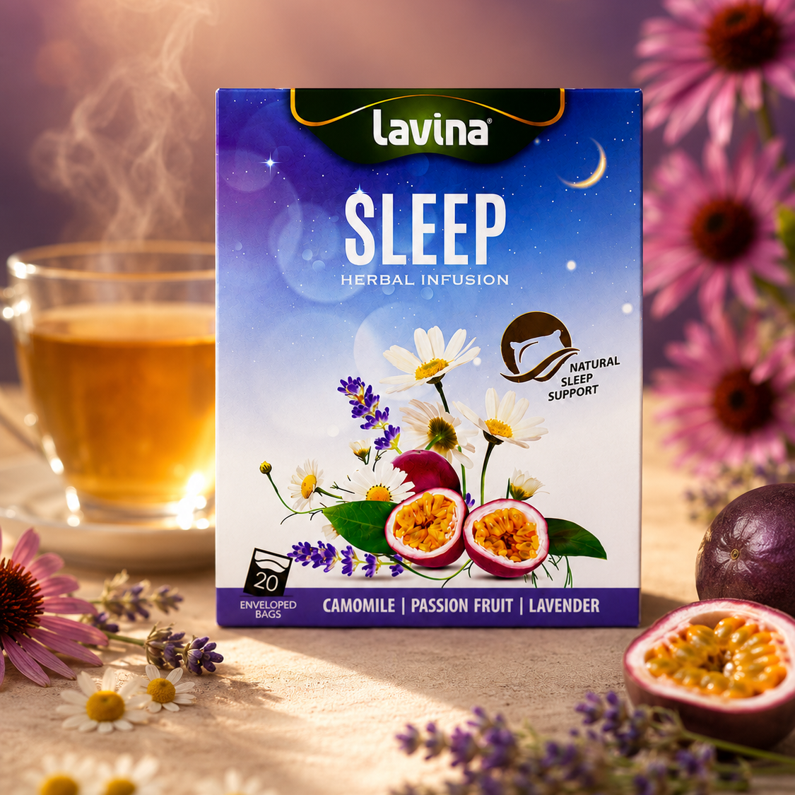 Lavina Sleep herbal infusion tea box styled with a cup of tea and its ingredients
