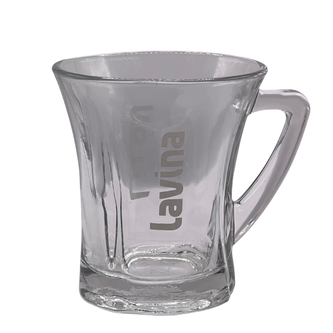 Lavina glass tea mug — clear heat-resistant glass with etched Lavina logo
