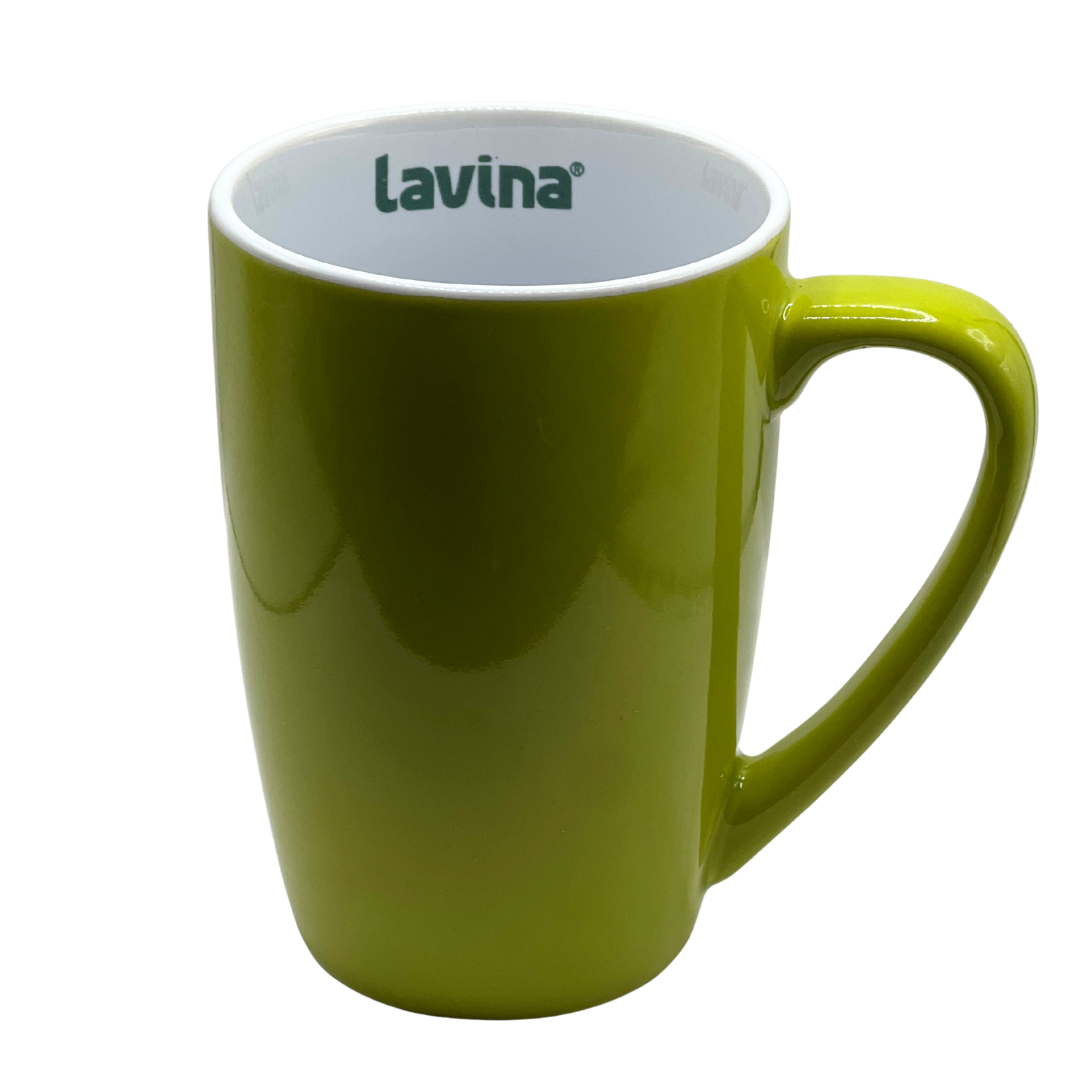 Lavina Icon Mug — green matte ceramic tea mug with white Lavina logo