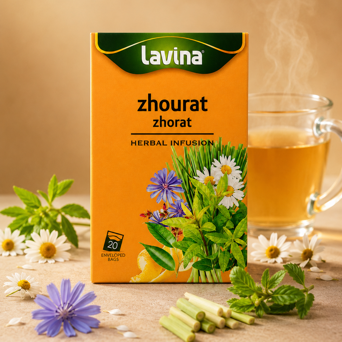 Lavina Zhourat herbal tea box styled with a cup of tea and its ingredients