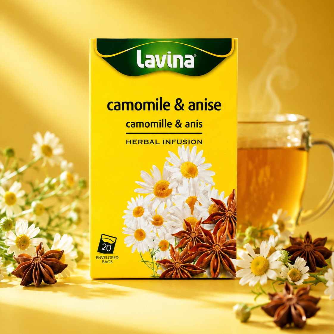 Lavina Camomile & Anise herbal tea box styled with a cup of tea and its ingredients