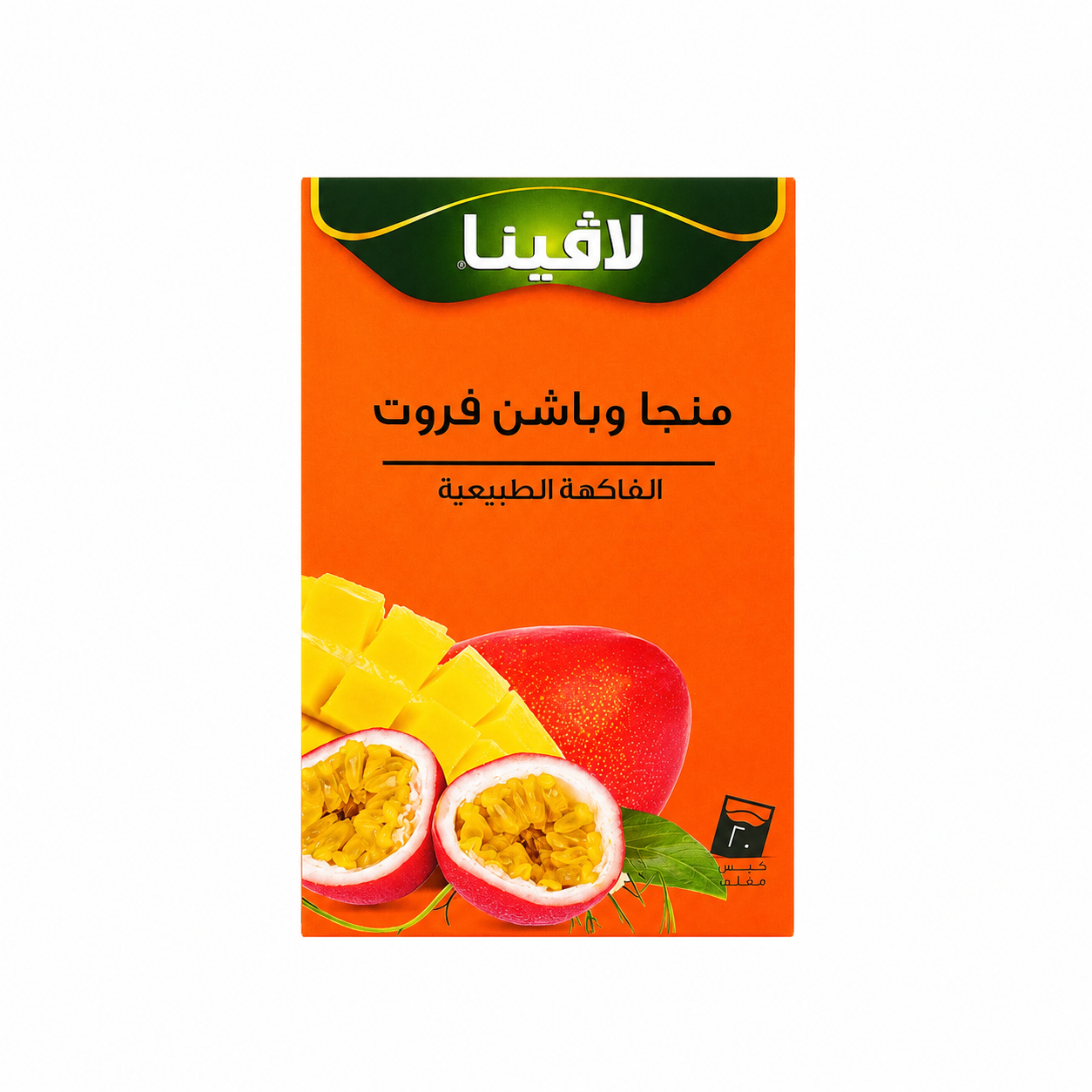 Lavina Mango & Passionfruit tea styled with a cup of tea, mango and passion fruit