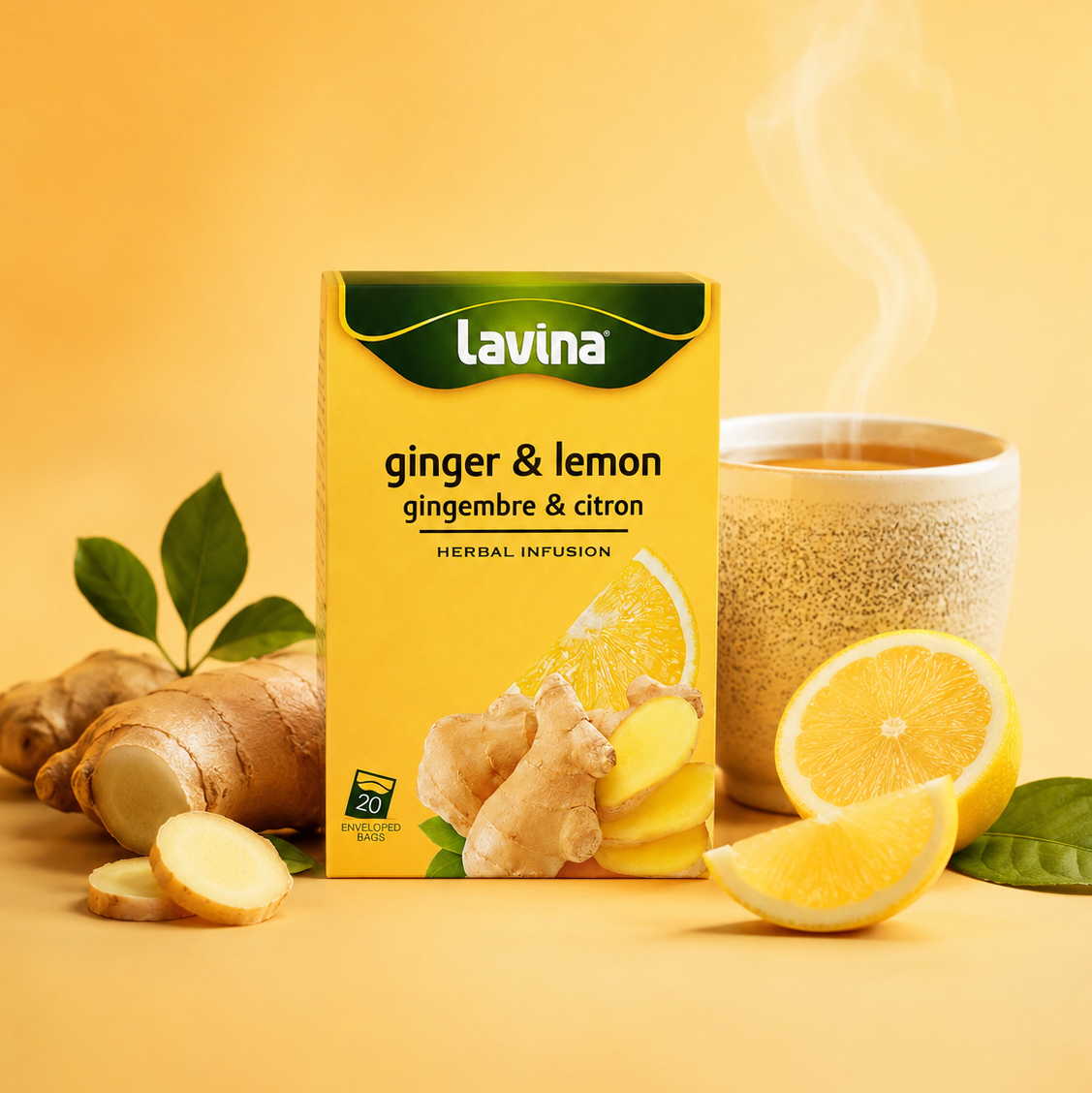 Lavina Ginger & Lemon herbal tea styled with a cup of tea, ginger and lemon