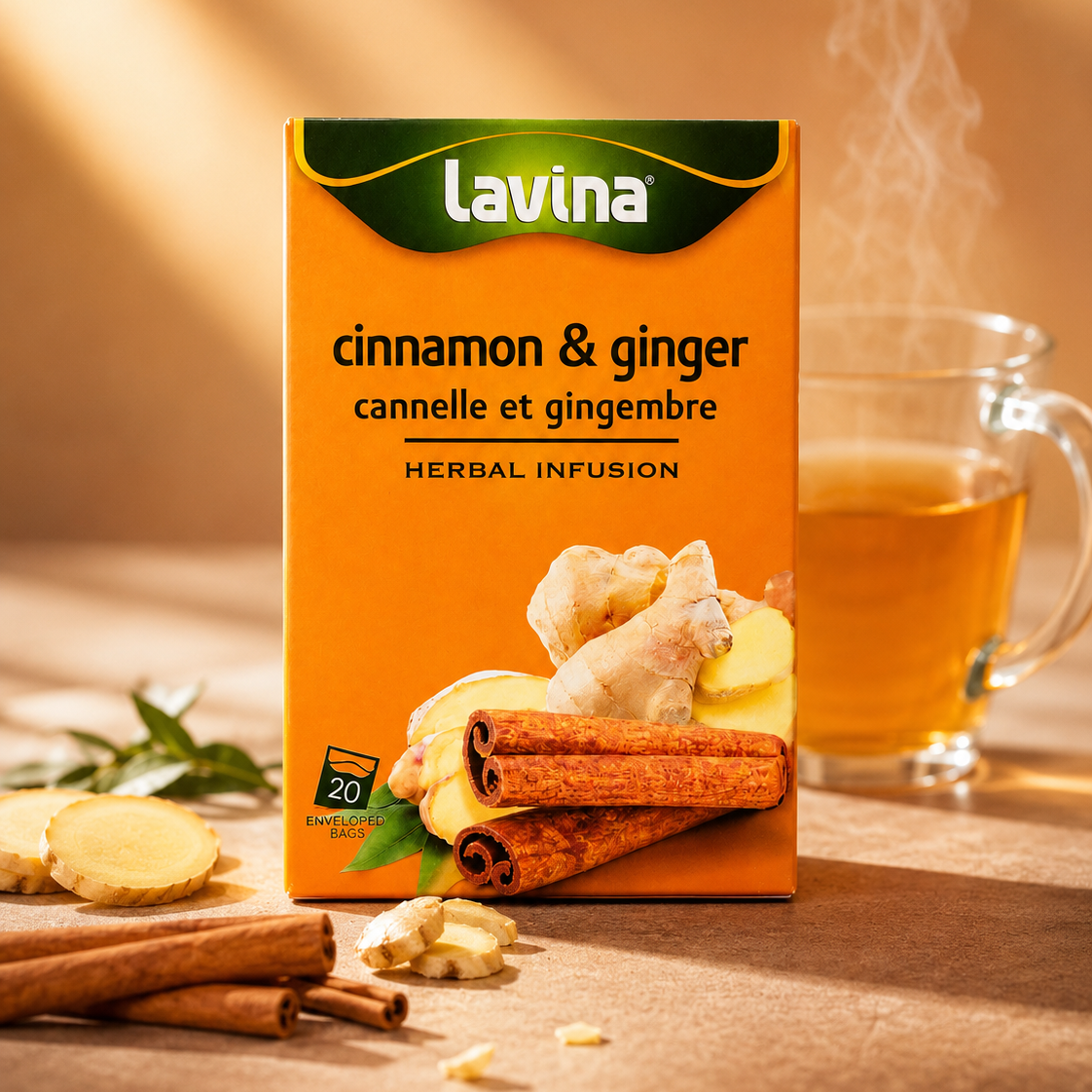 Lavina Cinnamon & Ginger herbal tea box styled with a cup of tea and its ingredients