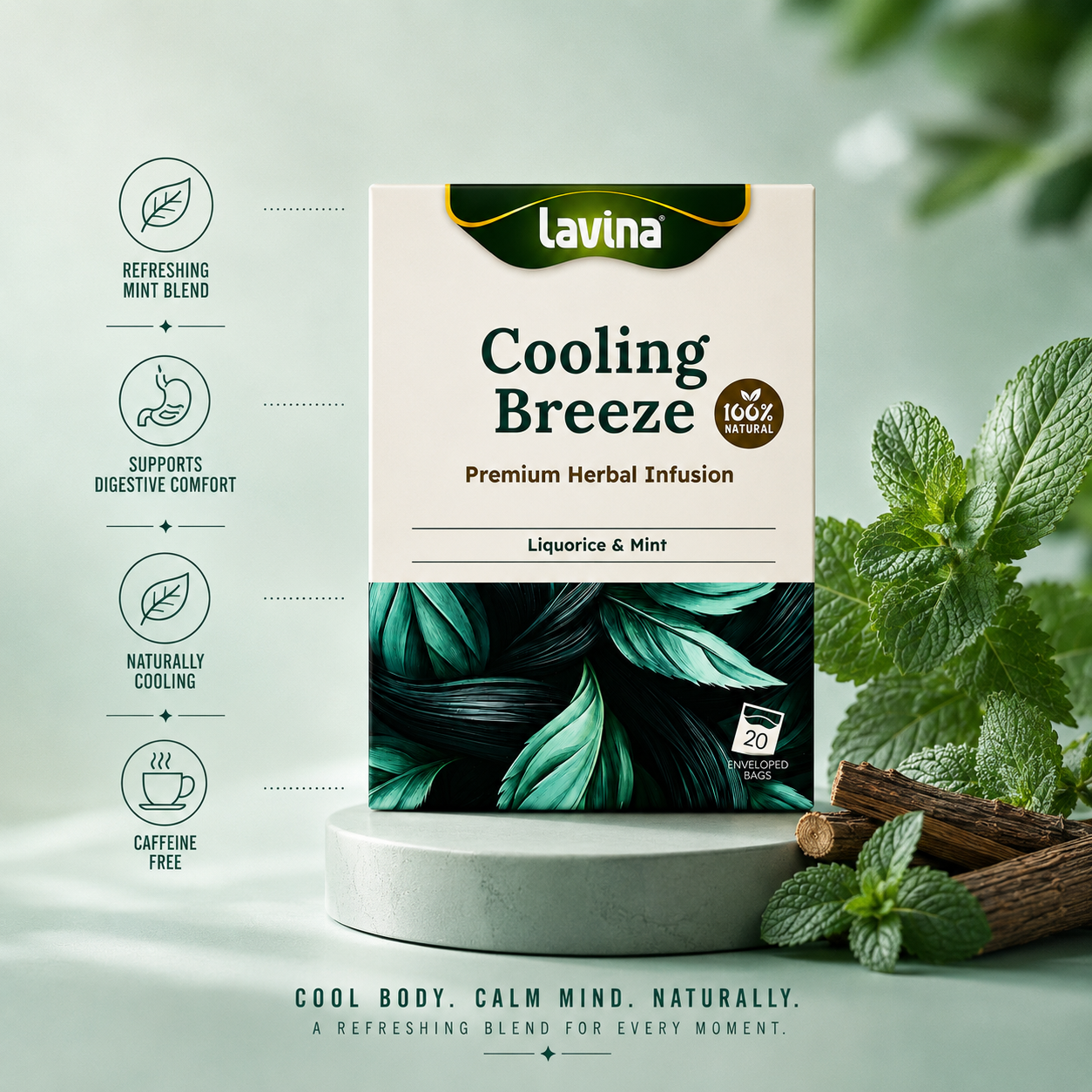 Lavina Cooling Breeze herbal infusion box with product highlights and ingredient illustrations