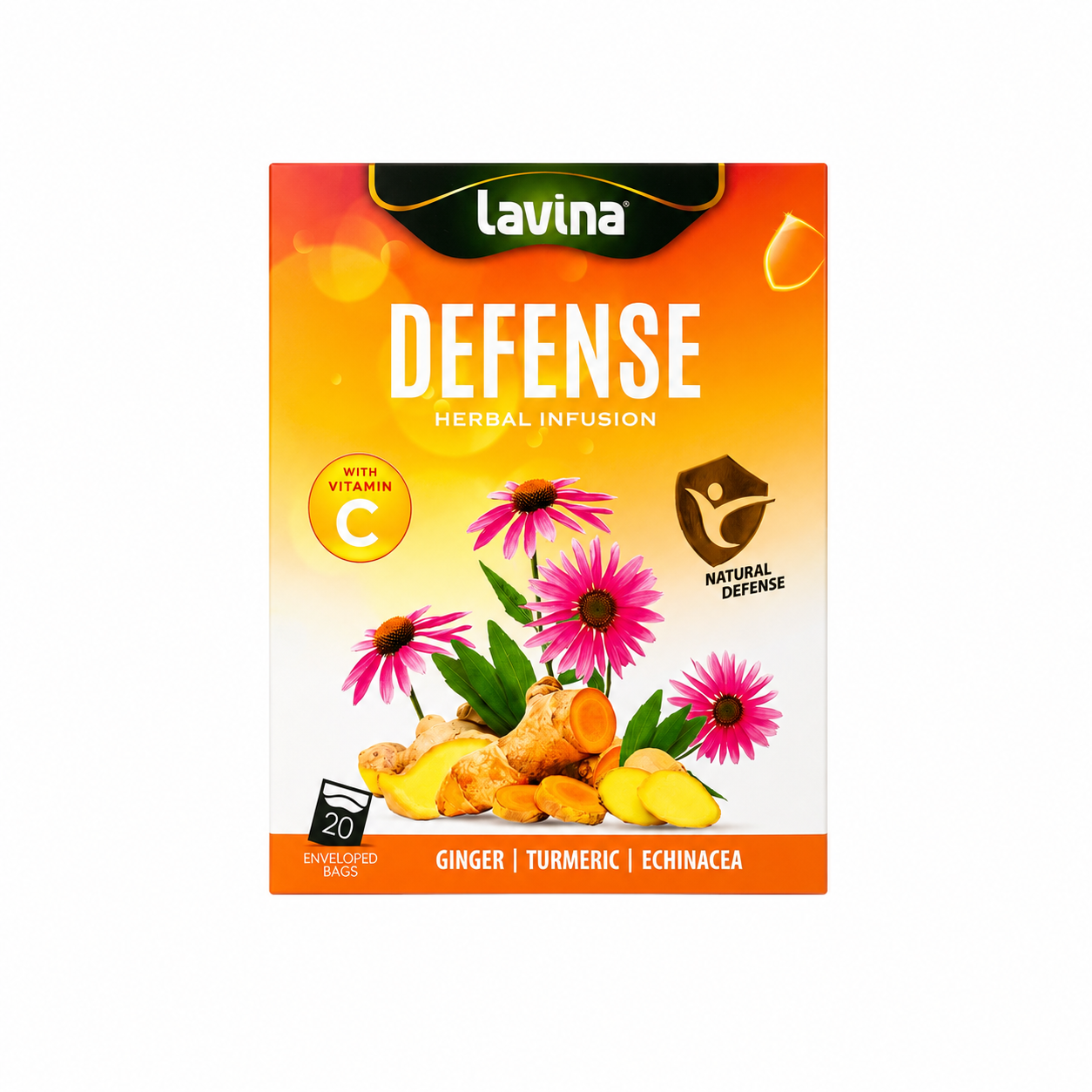 Box of Lavina Defense herbal tea — ginger, turmeric and echinacea with vitamin C, in an orange pack
