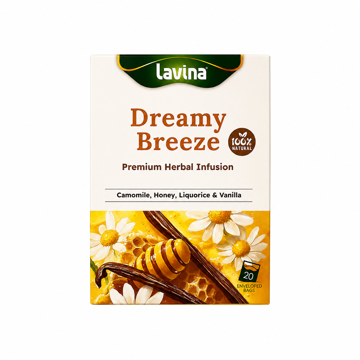 Box of Lavina Dreamy Breeze premium herbal infusion — chamomile, rose, honey and vanilla