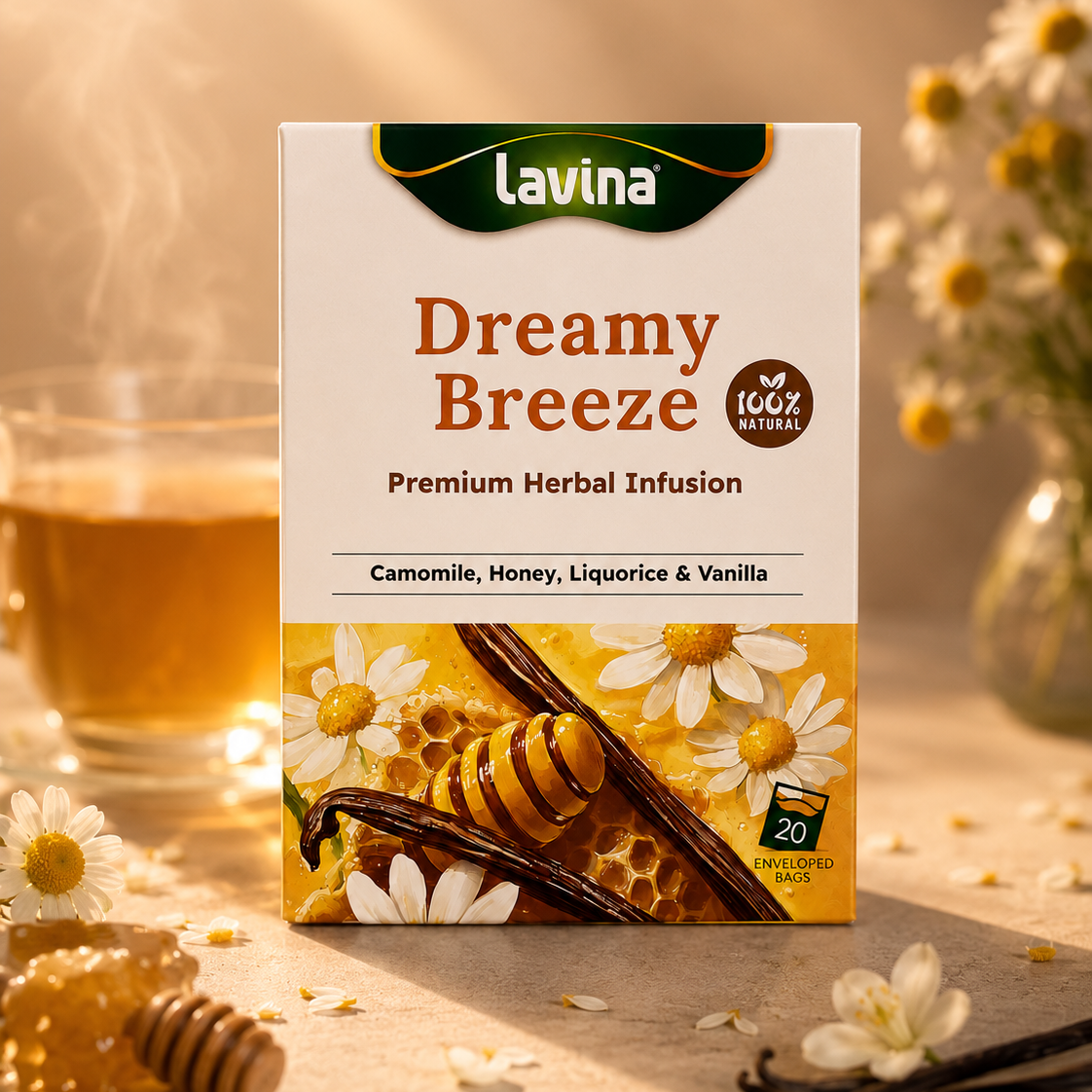 A box of Lavina Dreamy Breeze Premium Herbal Infusion tea stands on a tabletop with a glass of amber tea, chamomile flowers, honeycomb, and vanilla beans around it in a warm, softly lit setting.