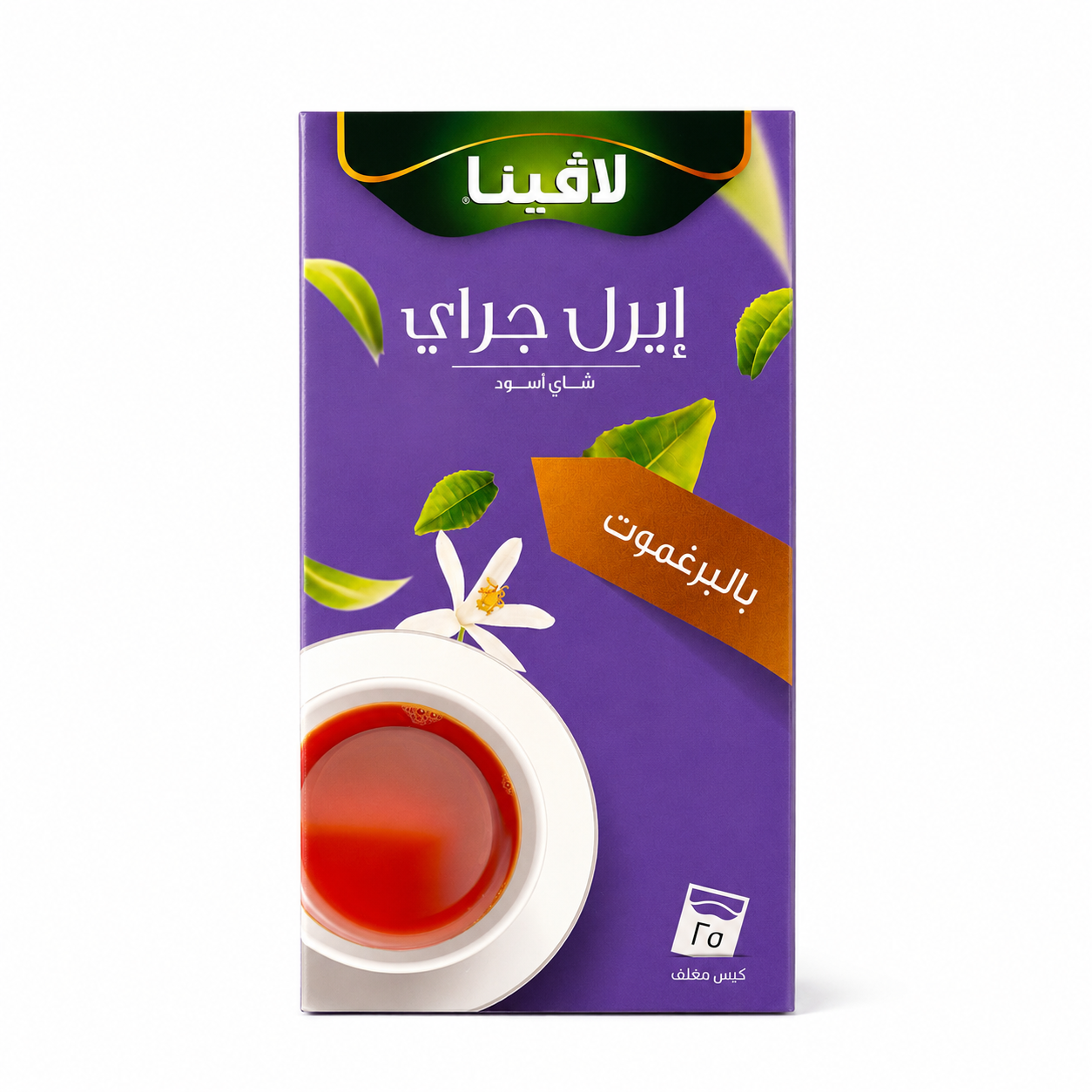 A box of Lavina black tea, featuring a purple background with illustrations of green tea leaves, a white flower, and a cup of red tea. The packaging is written in Arabic and includes a small icon indicating it is suitable for coffee drinkers.