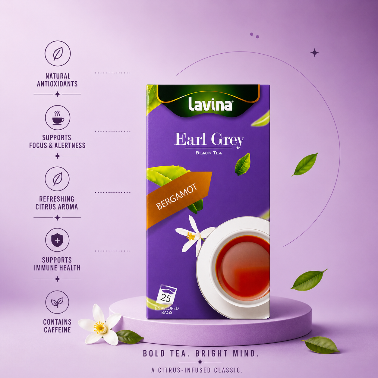 Lavina Earl Grey Bergamot black tea box displayed on a lavender pedestal with marketing callouts about antioxidants, focus, immune health, and caffeine, plus tea leaves and a teacup illustration.