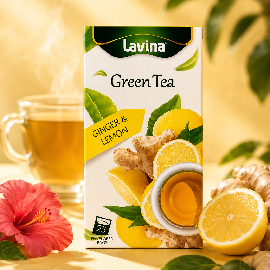 A box of Lavina Green Tea Ginger & Lemon flavor stands on a warm yellow surface with a glass cup of tea, ginger roots, lemon slices, leaves, and a pink hibiscus flower around it.