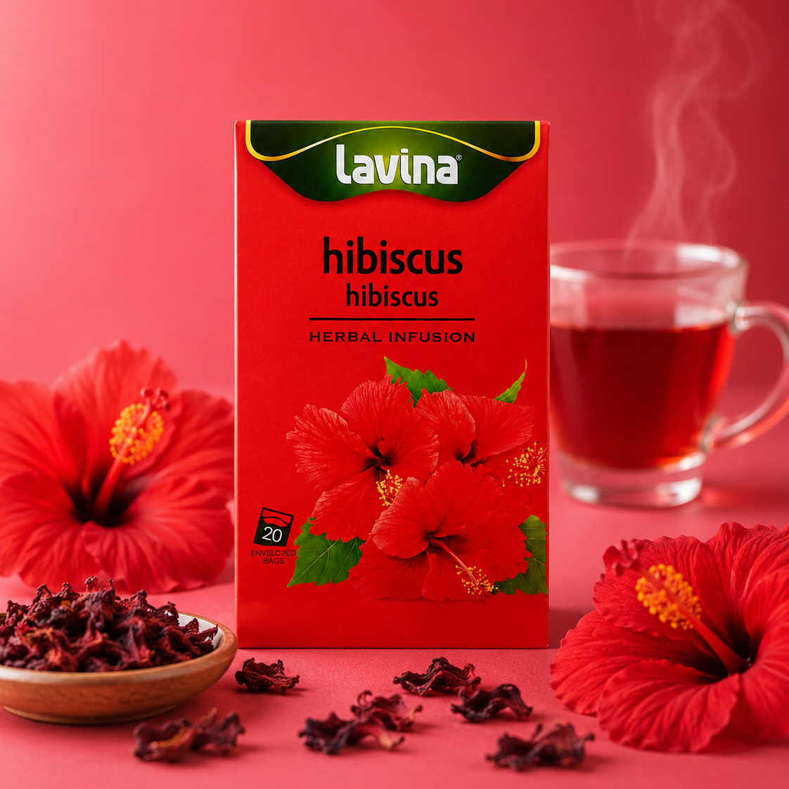 Lavina Hibiscus tea box styled with a cup of tea and its ingredients