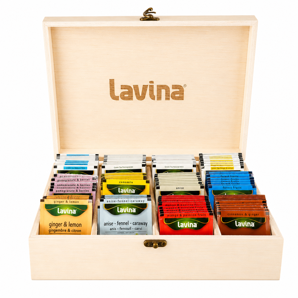 Lavina wooden tea box with an open lid, displaying multiple colorful tea packet compartments inside. The natural wood box features the 'Lavina' brand name on the inside lid and has brass-tone latches.