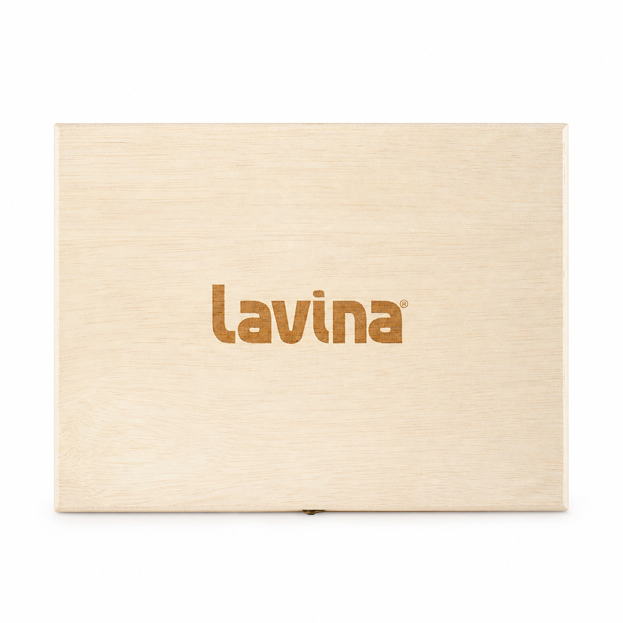 A square light beige wooden box with a brushed finish, featuring the brand name 'lavina' printed in a brown sans-serif font in the center, set against a plain white background.