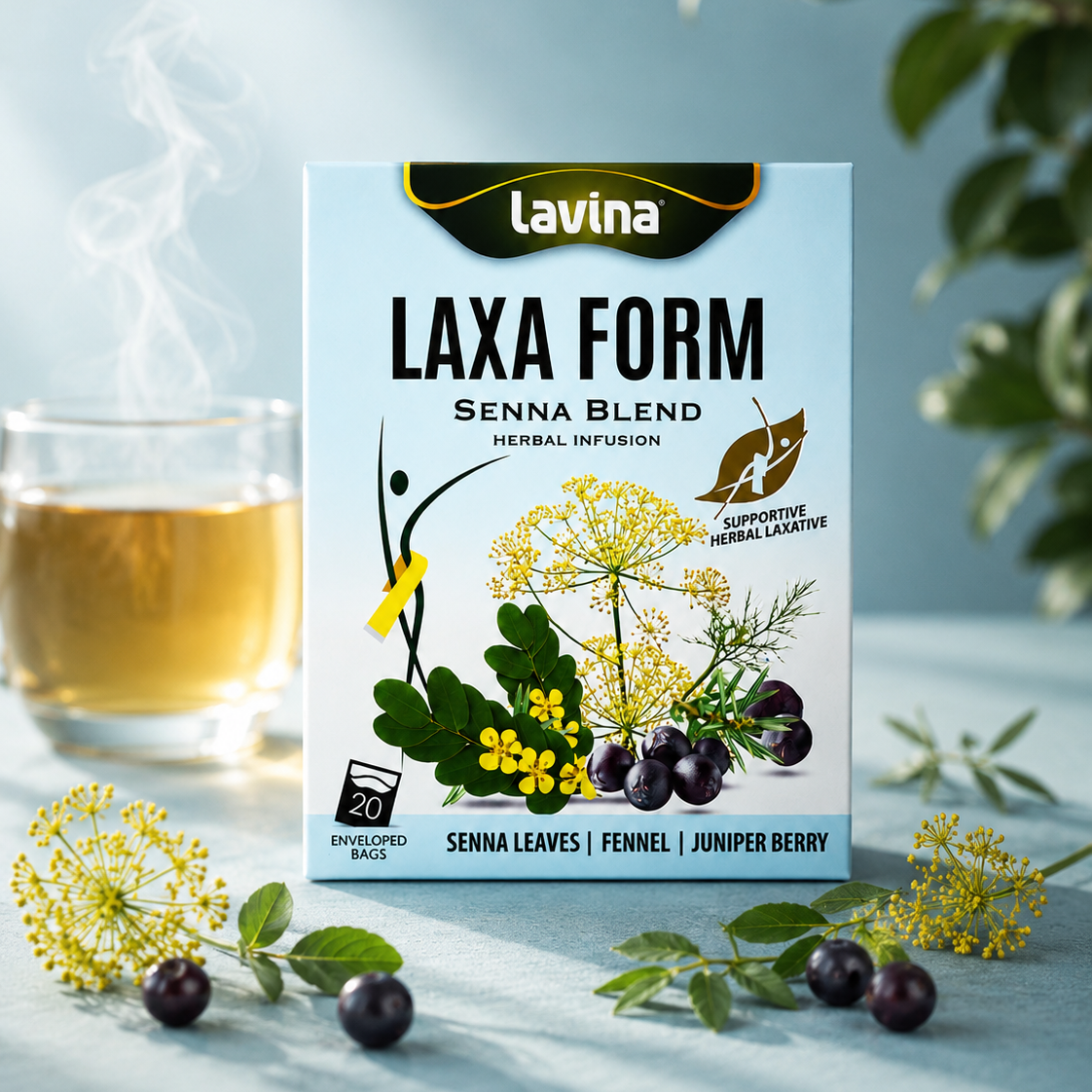 Lavina Laxa Form herbal tea box styled with a cup of tea and its ingredients
