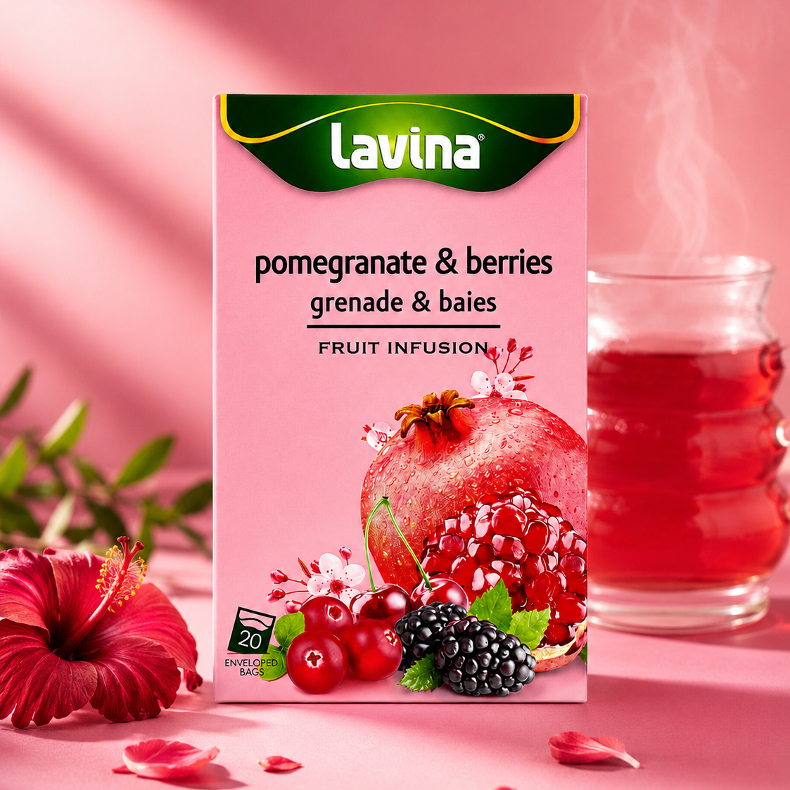 Lavina Pomegranate & Berries fruit tea box styled with a cup of tea and its ingredients