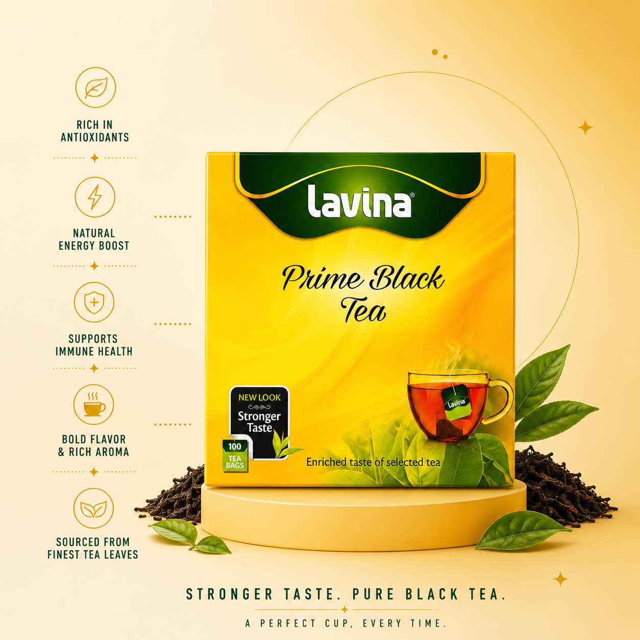 Lavina Prime Black Tea box packaging displayed on a pedestal with tea leaves and a cup of tea, set against a warm yellow background with feature callouts on the left.