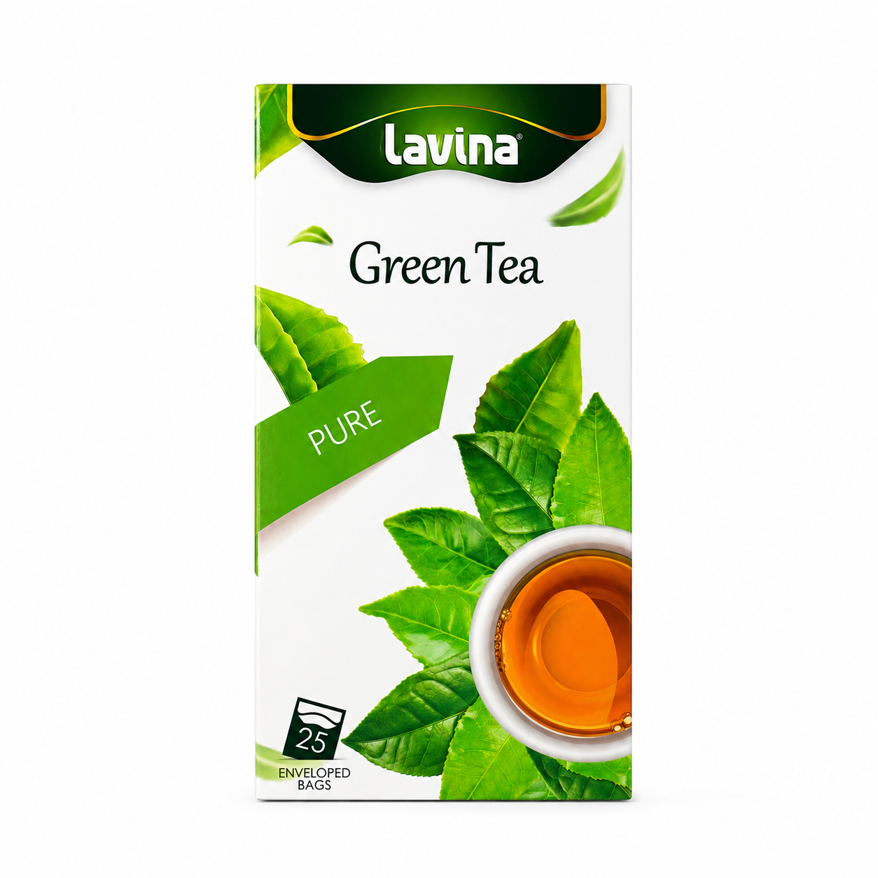A box of Lavina Green Tea Pure, featuring green tea leaves and a cup of amber tea on a white background.
