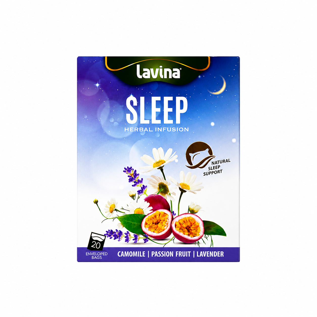 Box of Lavina Sleep herbal infusion tea — chamomile, passionfruit and lavender, in a navy-blue pack