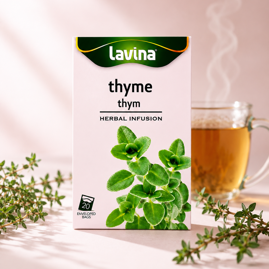 Lavina Thyme herbal tea box styled with a cup of tea and its ingredients